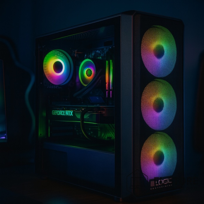 Komputer gamingowy Pricemax AX9 ARGB z podświetleniem ARGB, widoczna karta RTX 3060 i wentylatory na tle ciemnego pokoju gracza.